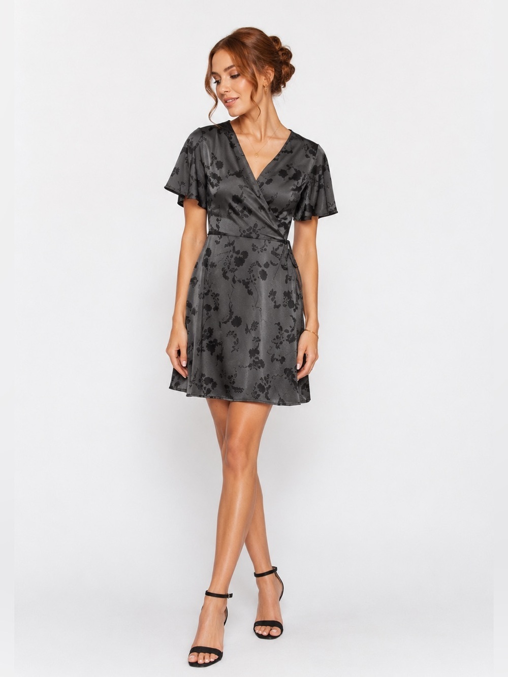NWT 41 Hawthorn Satin Faux Wrap Floral Print Dress Grey and Black Floral Size M